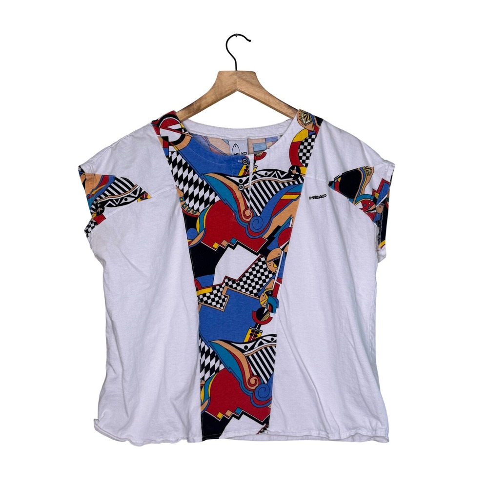Vintage HEAD Abstract Geometric Henley Tennis‎ Shirt Women's XL Made in USA